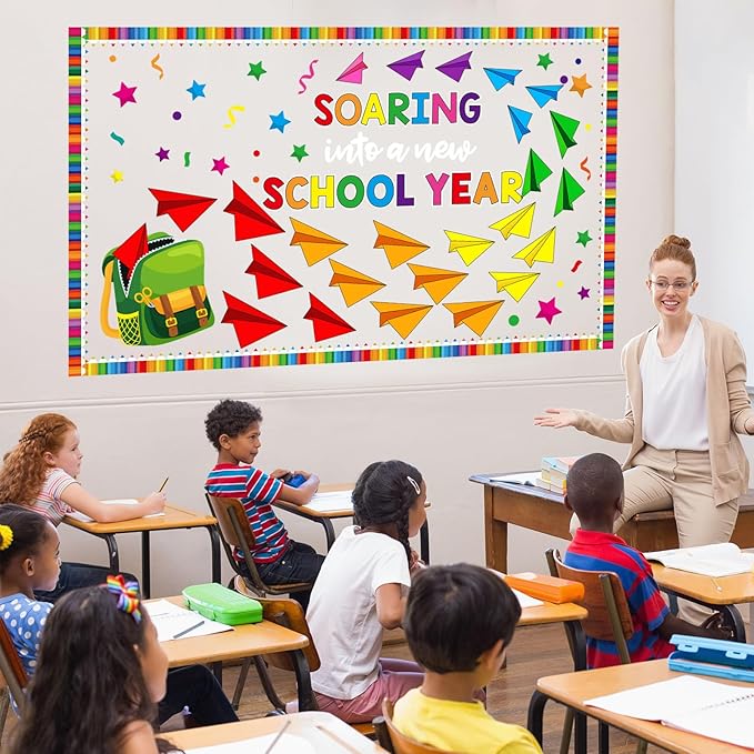 Pajean Soaring Into a School Year Bulletin Board Set Colorful Paper Plane Classroom Decorations Backpack Plane Name Tag Cutout with Pencil Border for Door Wall Chalkboard Decor Back to School Supplies