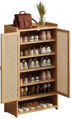 SACSTAR Shoe Storage Cabinet 23.6" L x 12.6" W x 36.6" H Compact Entryway Shoe Rack with 2 Doors & 5 Shelves, Natural Bamboo & Rattan Design Ideal Shoe Organizer for Small Spaces