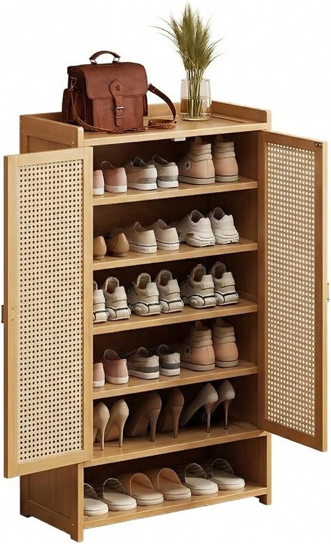 SACSTAR Shoe Storage Cabinet 23.6" L x 12.6" W x 36.6" H Compact Entryway Shoe Rack with 2 Doors & 5 Shelves, Natural Bamboo & Rattan Design Ideal Shoe Organizer for Small Spaces
