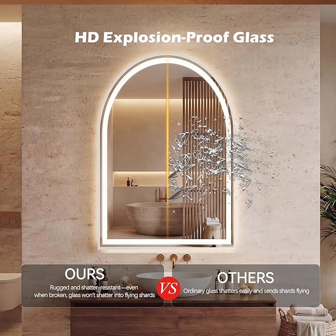 Sweetcrispy 24“ x 32” LED Bathroom Backlit Mirror with Lights, Arched Vanity Mirror with Anti-Fog, Dimmable, 3-Color Light, Memory Function, Tempered Glass