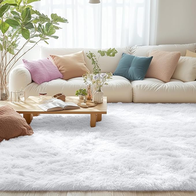 OLANLY 6x9 Machine Washable Large Area Rugs for Living Room, Bedroom, Soft Fluffy Shaggy Bedside Rug, Indoor Floor Carpet for Kids Girls and Boys, Dorms, Nursery, Home Decor Aesthetic, White