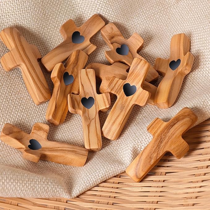Encouragement Gift Wooden Cross My Heart Fingertip Stress Relief Gifts Small Wood Pocket Cross Handheld (Olive 3pcs)