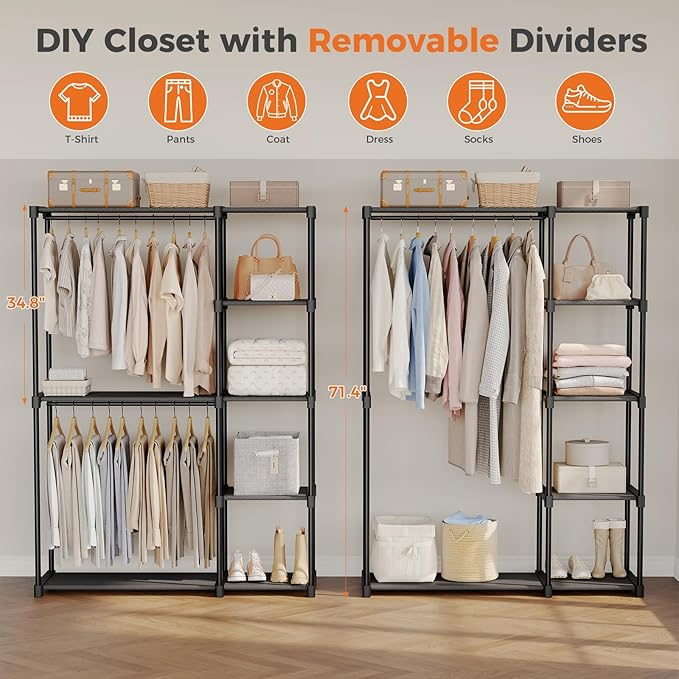 OLIXIS Portable Wardrobe Closet with Hanging Rods, 49 Inch Portable Clothing Rack with Shelves, Heavy Duty Clothes Rack, Freestanding Closet Organizer, 49" L x 15.7" W x 71.65" H