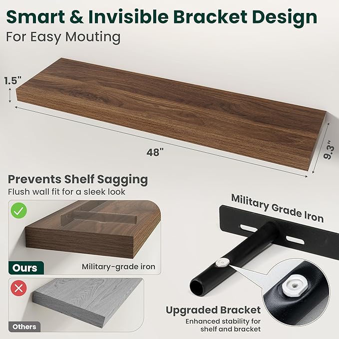 Floating Shelves for Wall 48 in x 9.3 in Deep, Wall Mounted Rustic Wood Shelf with Invisible Brackets for Storage & Display, Living Room Bedroom Bathroom, Walnut, 2 Pack