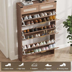 Shoe Cabinet with 3 Flip Drawers & 2 Drawers,Freestanding Shoe Storage Cabinet for Entryway,Farmhouse Narrow Slim Organizer Rack for Foyer,Hallway,Rustic Oak Rattan