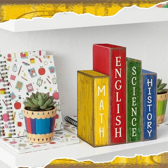 Lineshading 4 Pcs Back to School Table Decoration Wooden Subject Decoration Welcome Back to School Tiered Tray Decor Wood Book Sign Farmhouse for Class Party Home Shelf Coffee Table