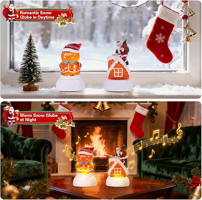 2 Pack Christmas Snow Globes Gingerbread Man and Santa with 8 Songs Music and 6H Timer USB & Battery Powered Snow Water Globe Swirling Glitter for Holiday Decorations Gifts (Gingerbread Man and Santa)