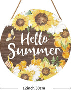 Hello Summer Sign 12 x 12 Inch Summer Themed Sunflower Welcome Sign Front Door Decor Farmhouse Porch Decoration Sunflower Round Wooden Hanging Sign for Home Garden Farmhouse Yard