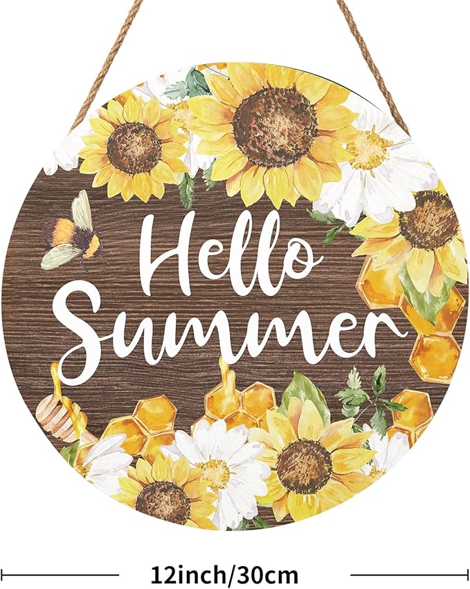 Hello Summer Sign 12 x 12 Inch Summer Themed Sunflower Welcome Sign Front Door Decor Farmhouse Porch Decoration Sunflower Round Wooden Hanging Sign for Home Garden Farmhouse Yard