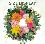 Spring Wreaths for Front Door 24 Inch,Outdoor Front Door Wreath with Florals Peony & Rose, Artificial Spring Summer Wreath for Porch Garden Wall Window Farmhouse Indoor Outdoor Home Decor