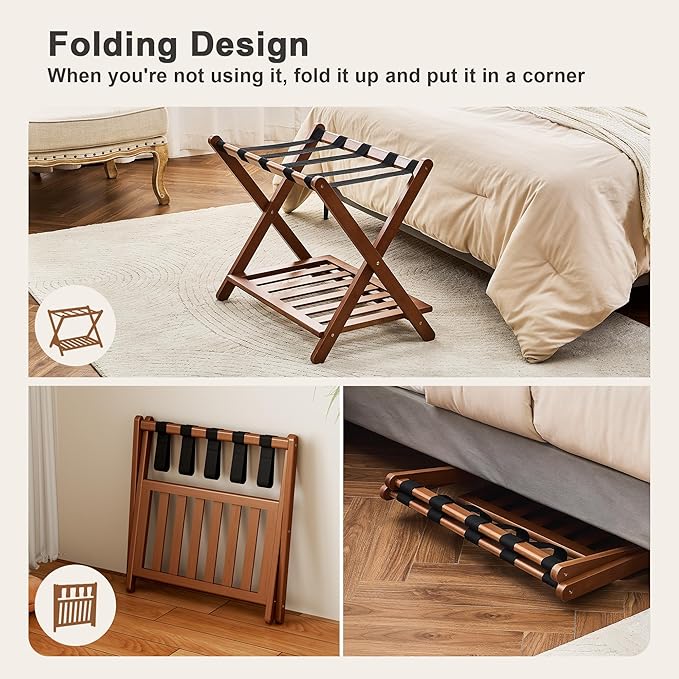 Fully Assembled Luggage Rack, Walnut Luggage Rack for Guest Room, Bamboo Folding Suitcase Stand with Storage Shelf, 5 Nylon Straps, Heavy Duty Luggage Holder for Bedroom Hotel, 1 Pack