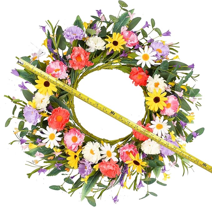 VioletEverGarden Artificial Spring Wreath 20” Purple Yellow White and Pink Flower Wreaths Summer Door Wreath for Home Party Festival Wedding Decor