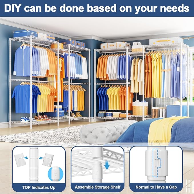Ulif E12 Pro Clothes Rack，Heavy Duty Freestanding Garment Rack with Shelves，Metal Clothing Closet Storage System for Hanging Clothes，71" W x 16" D x 76.5" H, Hold 960 lbs，White