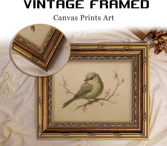Vintage Gold Framed Wall Art Spring Bird Oil Painting Canvas Print Watercolor Cherry Blossom Picture Wall Decor Rustic Farmhouse Beige Floral Poster Artwork for Nursery Living Room Bedroom