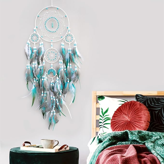 Large Dream Catchers,Boho Handmade Woven Turquoise Dream Catcher Wall Hanging Ornament for Bedroom Living Room Apartment Wedding Party Decor, Festival Blessing Gift (White+Turquoise)