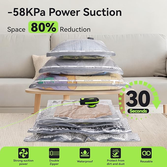 12 Pack Vacuum Travel Bags with Pump for Clothing with USB and TYPE C Pump,Carry-on Size Space Saver vacuum seal bags for clothing Storage Bags for Vacation Cruise（Green）