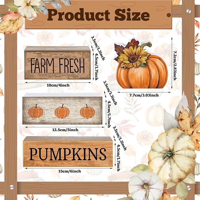 Lineshading 4 Pcs Fall Pumpkin Decor Fall Table Decoration Thanksgiving Tiered Tray Decor Thanksgiving Centerpiece Rustic Decorative Pumpkin Block Signs Farmhouse Harvest Decoration for Home Kitchen