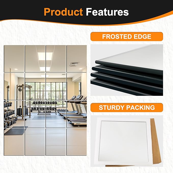 Delma Home Gym Mirror Tiles, Large Square Workout Mirrors (16x12'', 16-Piece), Full Body Wall Mirror for Garage, Bedroom, Bathroom