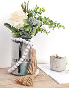 Wood Bead Garland Farmhouse Beads with Tassels,Farmhouse Tassel Garland Country Wall Hanging Decor Prayer Beads(39 inches)