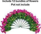Artificial Flowers Fake Plants for Outdoors Decoration, 12 Bundles Silk Morning Glory with Eucalyptus Realistic UV Resistant Fuchsia Faux Flowers for Outside Planter Yard Patio Garden Home Indoor Urn