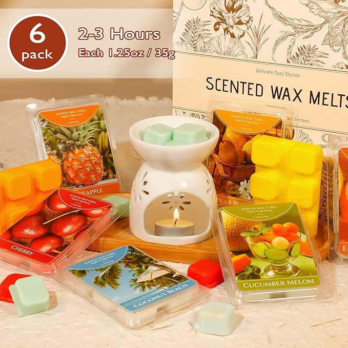 SCENTORINI Wax Melts, Scented Wax Cubes for Wax Warmers, Summer Scent, Coconut Beach, Pear Blossom, Cherry, Cucumber Melon, Pineapple, Energizing Citrus, 6 Pack
