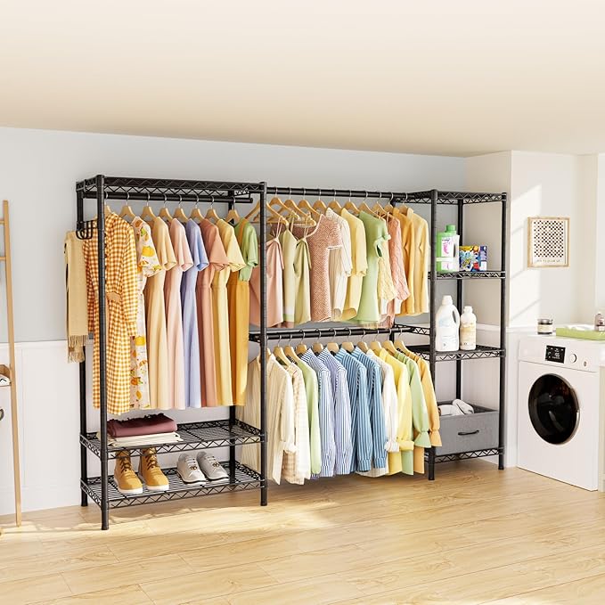 Coat Rack Clothes Wardrobe：Closet Organizer and Storage Clothing Garment Rack with Shelves Heavy Duty for Hanging Clothes Portable Adjustable Black 15.8" Dx(70-88.5)" Wx76.5 H