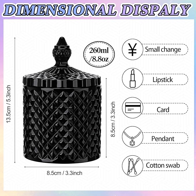 Aoriher 4 Pcs Crystal Glass Candy Jar Set with Lids Home Decorative Storage Jars for Apothecary, Bathroom, Kitchen, and Pantry, Ideal for Cotton Swabs and Jewelry(Medium,Black)