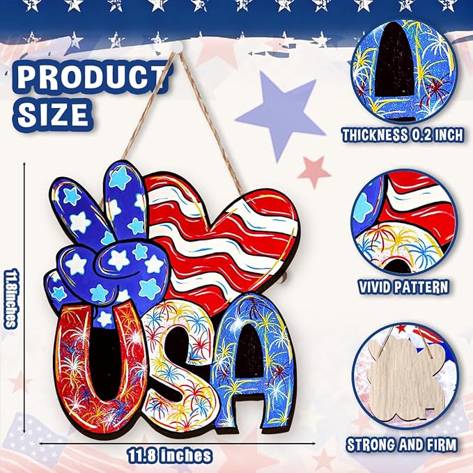 Wooden 4th of July Decorations Patriotic Wreaths for Front Door Independence Day Decorations Star Sign Welcome Memorial Day Hanging for Home Wall Decor Outdoor Indoor Red White and Blue Wreath 6