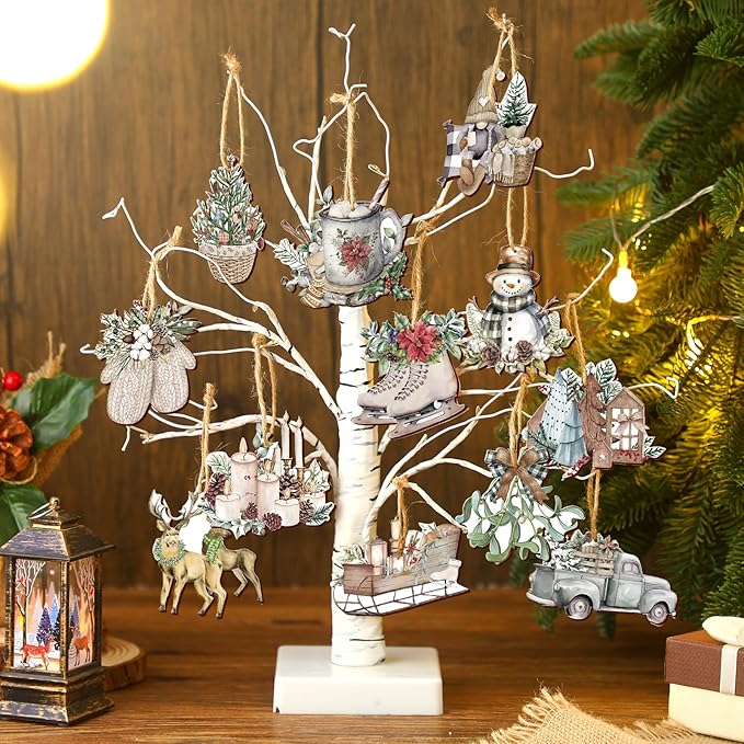 Suzile 36 Pcs Wooden Ornaments Vintage Tree Ornaments Decorations for Tree Wreaths Hanging Wood Cutouts Decor for Home Winter Party(Snowman Style)