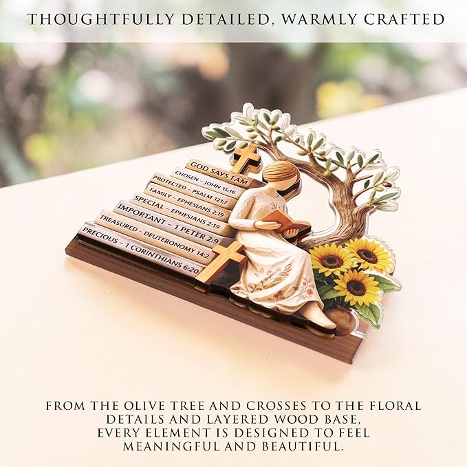 KATINAT Christian Gifts for Women, Bible Verse Desk Decor, God Says I Am Decorative Sign, Inspirational Religious Tabletop Plaque for Office Desk, Home, Prayer Room, Mother’s Day for Her