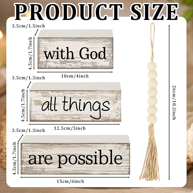 Yuntau 4 Pcs Farmhouse Wooden Tabletop Decor Farmhouse Tiered Tray Decor Rustic Retro Wood Bead Garland with God All Things are Possible Block Sign Neutral Centerpiece Sign for Home Shelf Mantle