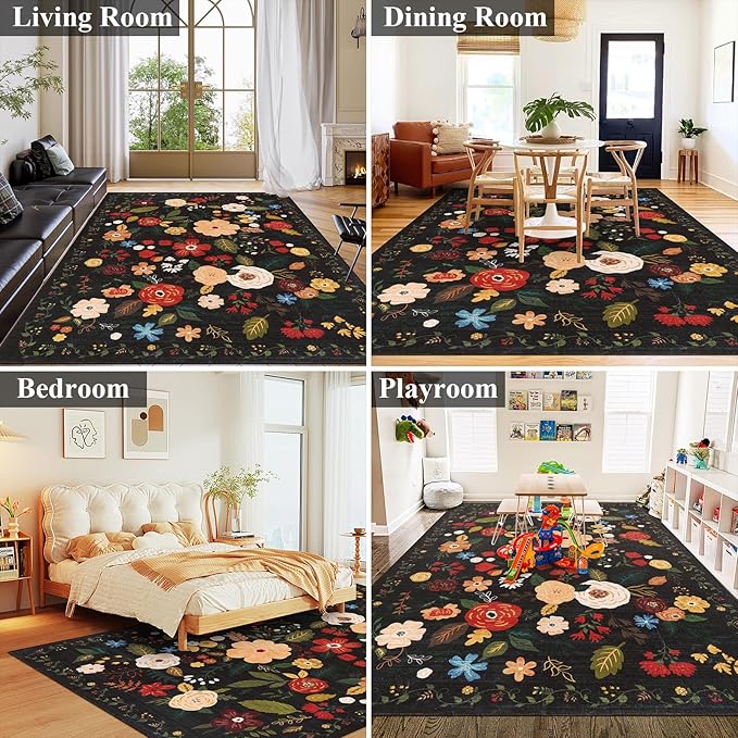 U'Artlines 6x9ft Vintage Floral Area Rug Machine Washable Ultra Soft Low Pile Non Slip Non Shedding Accent Floor Carpet for Living Room, Bedroom, Dining Room, Office (Black Green)