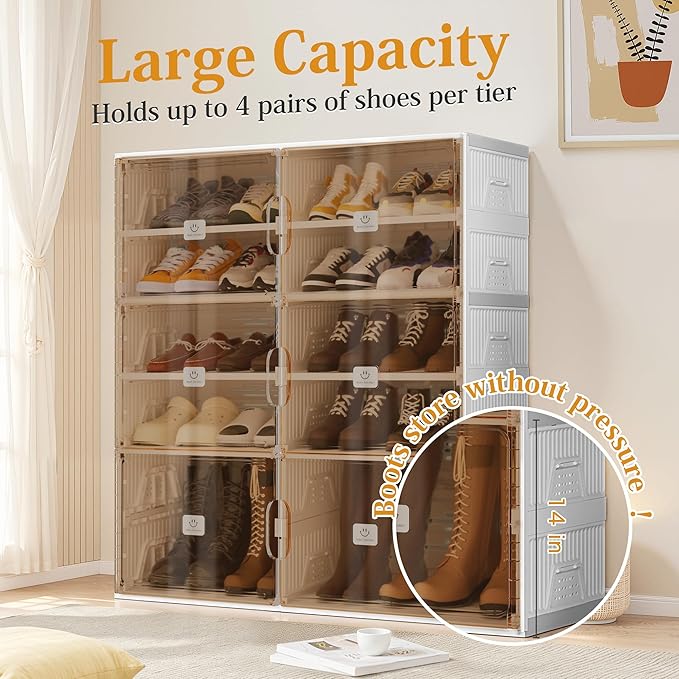Foldable Shoe Rack Organizer for Entryway with Clear Magnetic Doors - Large Capacity Shoe Cabinet for Boots, Sneakers & All Shoes, Easy Assembly, White 5-Tier 20 Pairs