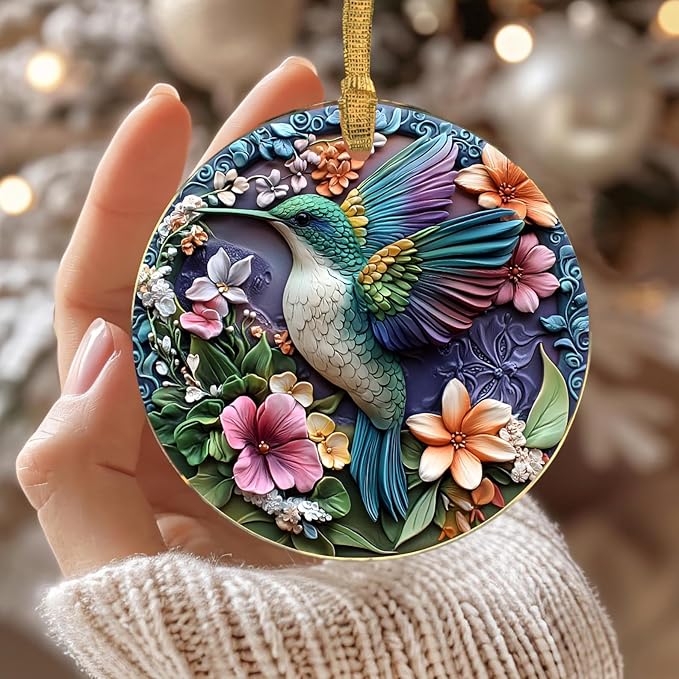 Jabihome Christmas Ornaments 2025, Exchange for Women, Men, Collectible Dated Year Ornaments for Tree, Unique Acrylic Suncatcher, Printed Stained Glass Effect Decor (Floral Hummingbird)