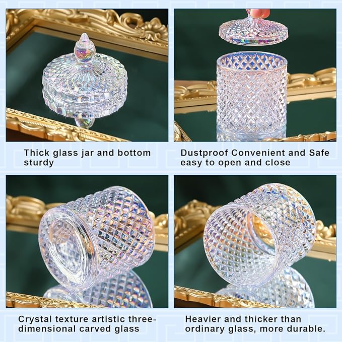 Aoriher 4 Pcs Crystal Glass Candy Jar Set with Lids Home Decorative Storage Jars for Apothecary, Bathroom, Kitchen, and Pantry, Ideal for Cotton Swabs and Jewelry(Medium,Rainbow)