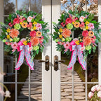 Spring Wreaths for Front Door 24 Inch Outdoor Spring Wreath with Pink Bow– Handmade Peach Dahlia & Garden Rose Summer Wreaths for Front Door,Farmhouse Home,Porch,Wall,Window Decor