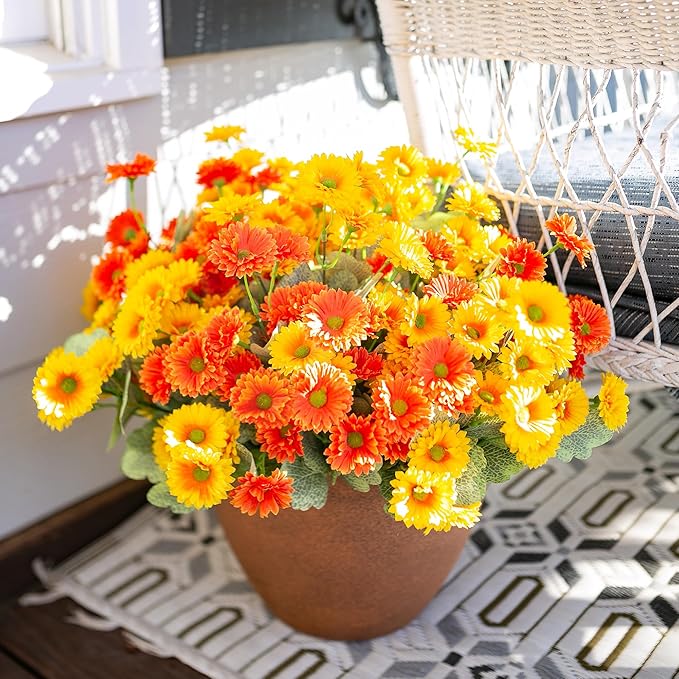 HyeFlora Dahlia Artificial Flowers for Outdoors Fake Plants Spring Decoration, 6 Bundles Realistic Silk Daisy UV Resistant Faux Flowers for Outdoor Planters Patio Porch Yard Garden Home, Orange Yellow