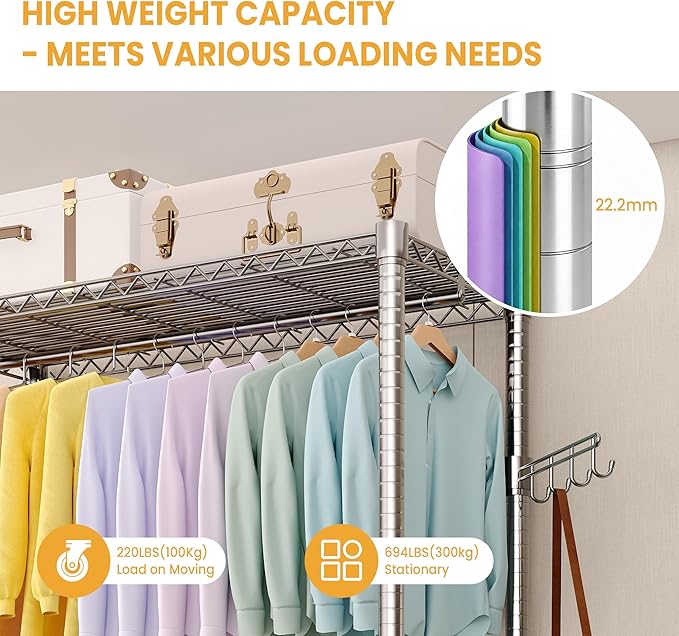Heavy Duty Rolling Clothes Rack,Load 693LBS Clothing Racks for Hanging Clothes,Free Standing Closet Organizers and Storage Garment Racks with Wheels,Rods,Side Hooks,76"h x 45"w x 16"d