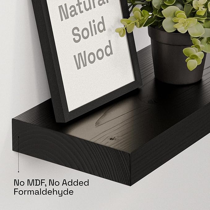BAOBAB WORKSHOP Wood Floating Shelves for Bathroom Wall - Black Shelf 24 inch - Solid Wood Shelves for Wall for Bedroom Kitchen Living Room - Black Floating Shelves - 24 x 6.7 Inch, Set of 2