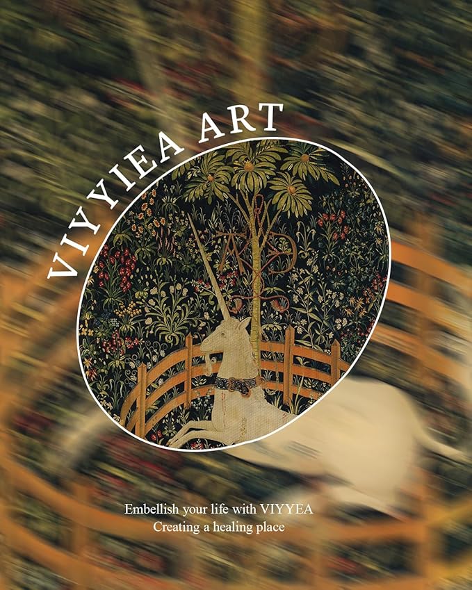 VIYYIEA Vintage Gold Framed Wall Art for Living Room, Unicorn Canvas Prints Home Decor, Oil Painting Picture, Bedroom Wall Decor Gifts for Friends or Family -【The Unicorn in Captivity】-(16L x 12W)