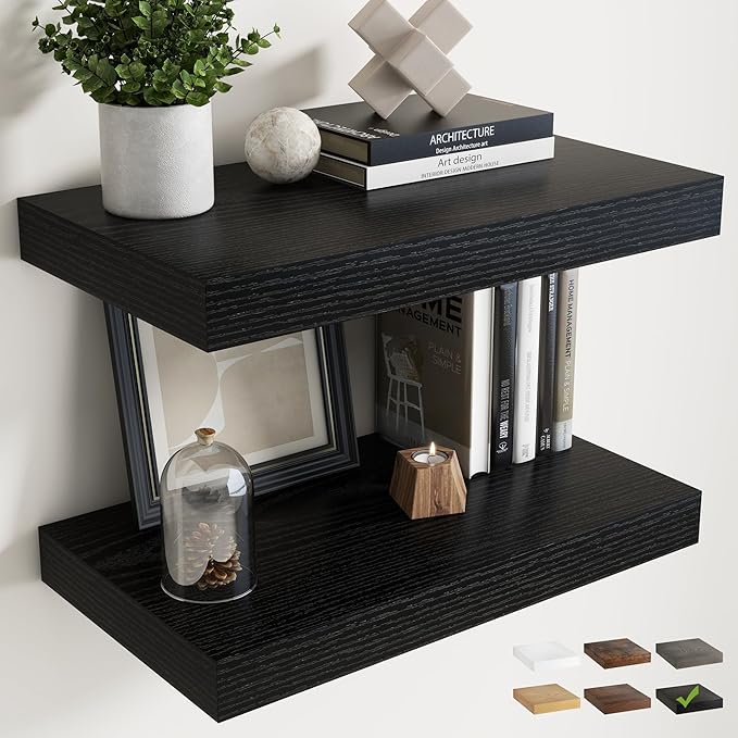 24 Inch Floating Shelves for Wall Set of 2, 12"D Wood Grain Bathroom Shelves with Invisible Brackets, Easy Install Engineered Wood Storage Shelves for Kitchen, Living Room, Bedroom, Black Finish