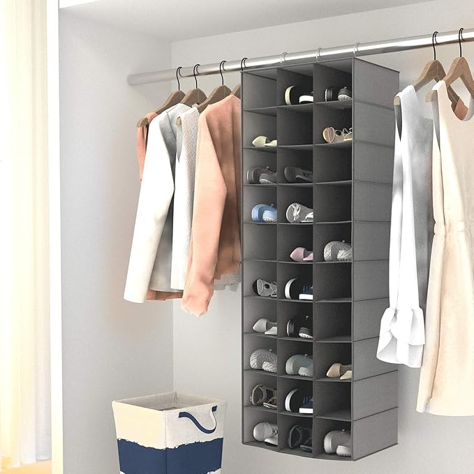 coastal rose Hanging Shoe Organizer for Closet, 30 Sections Hanging Closet Organizers and Storage Shelves Space Saving Shoe Rack Holder Hanger, Grey, 17''W×11.5''Dx 48''H