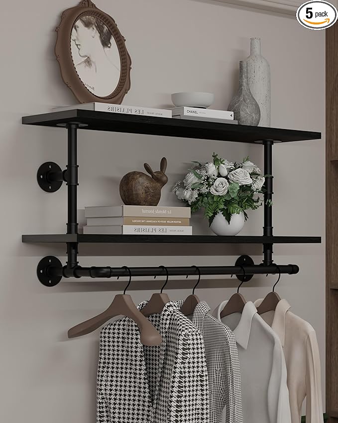 Clothes Rack 36in, 2-Tier Wall Mounted Garment Rack with Real Wood Shelf, Heavy Duty Hanging Clothes Rack, Multi-Purpose Hanging Rod, Space-Saving Closet Storage