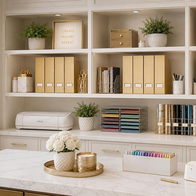 BLU MONACO | Gold Cardboard Magazine File Holder Set of 4 | Vertical Magazine File Holder for Shelves | Standing File Holder Desk Organizer