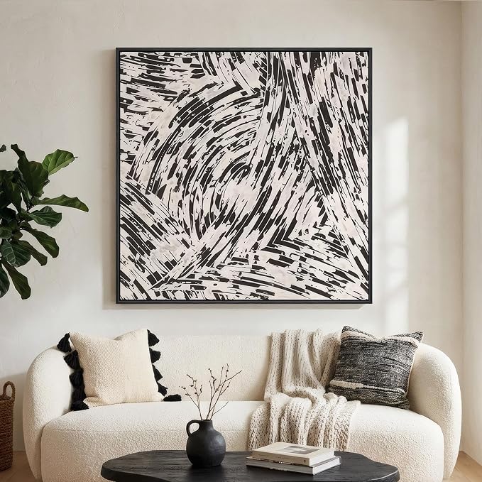 Large Framed Black and White Abstract Wall Art for Living Room, Big Square Modern Canvas Prints Paintings, Minimalist Brushstroke Lines Pictures for Bedroom Dining Hallway Office Wall Decor 40x40 In