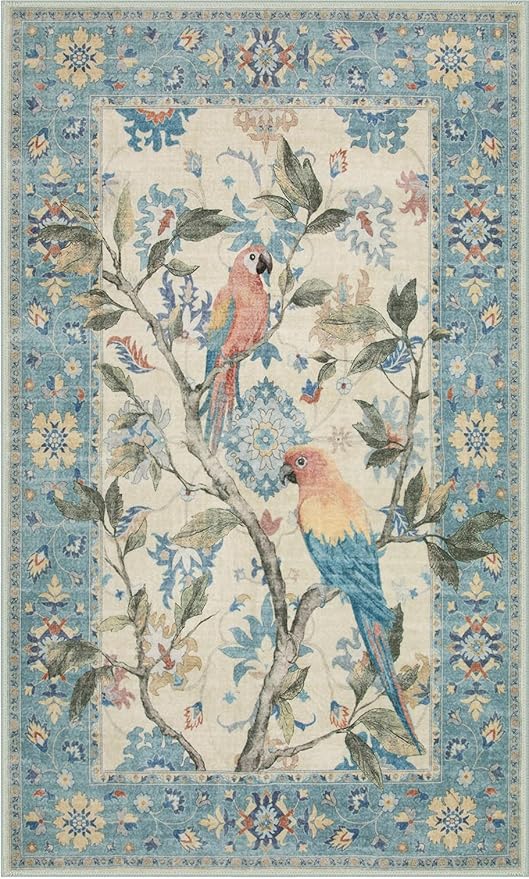 Lahome Botanical Birds Washable Blue 3x5 Rugs for Entryway, Non Slip Kitchen Rug Blue Bathroom Rugs, Boho Vintage Soft Indoor Throw Carpet for Living Room Front Door
