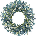 22 Inch Blue Floral Wreath for Front Door, Artificial Spring Summer Wreath with Free Pink Sash, All Seasons Eucalyptus Greenery Wreath for Indoor Outdoor Home Wall Wedding Decor