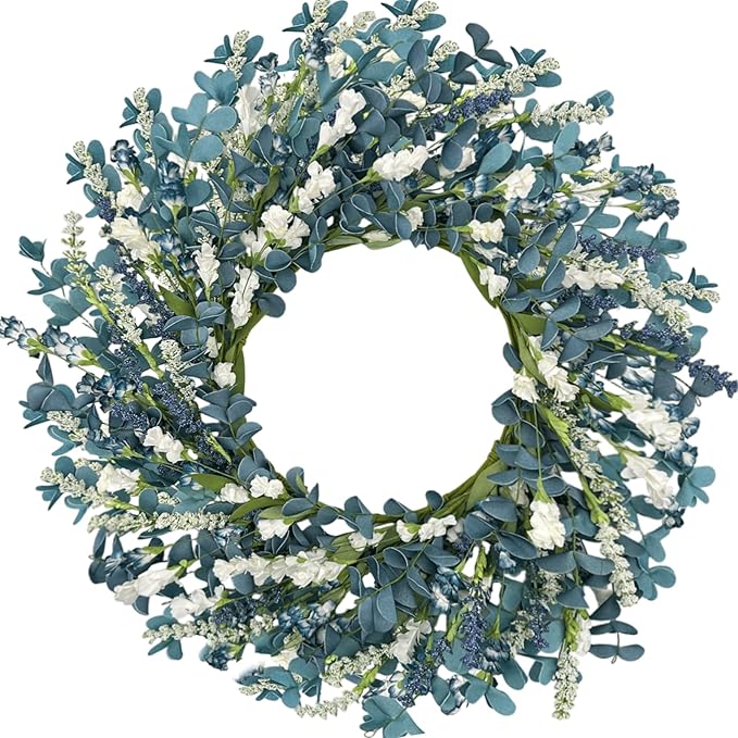 22 Inch Blue Floral Wreath for Front Door, Artificial Spring Summer Wreath with Free Pink Sash, All Seasons Eucalyptus Greenery Wreath for Indoor Outdoor Home Wall Wedding Decor