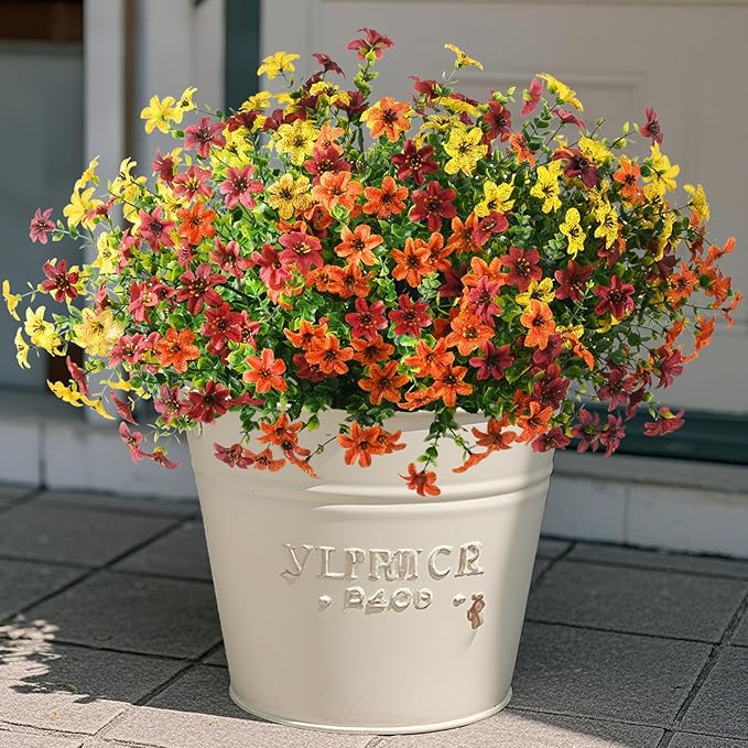 Artificial Flowers for Outdoors 12 Bundles Fake Plants Spring Home Decoration, Realistic Faux Flower Silk Daisy with Eucalyptus Stem UV Resistant Patio Planter Porch Yard Window (Yellow Brown Orange)