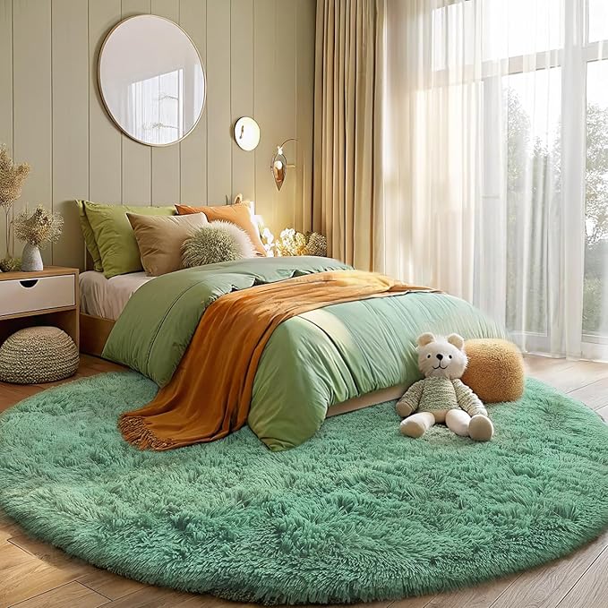 OLANLY Mint Green Round Rugs for Bedroom - Machine Washable, 8 ft Circle Area Rugs for Living Room, Soft and Fluffy Shaggy Carpet for Teen Girls and Boys, Nursery Rooms, Dorms, Home Decor Aesthetic